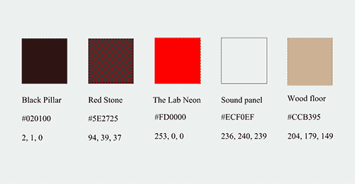 screenshot of five colors- black, white, brown, red, and bright red/pink