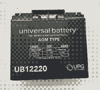 a black square box about 6 inches wide and 4 inches tall with white writing on the front describing the battery