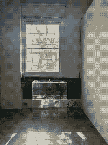photograph of the server, which is housed in a clear plexi box and sits under window that has a strong beam of light