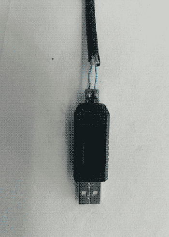 a small black box that is connected to a larger black wire with two small green and blue wires